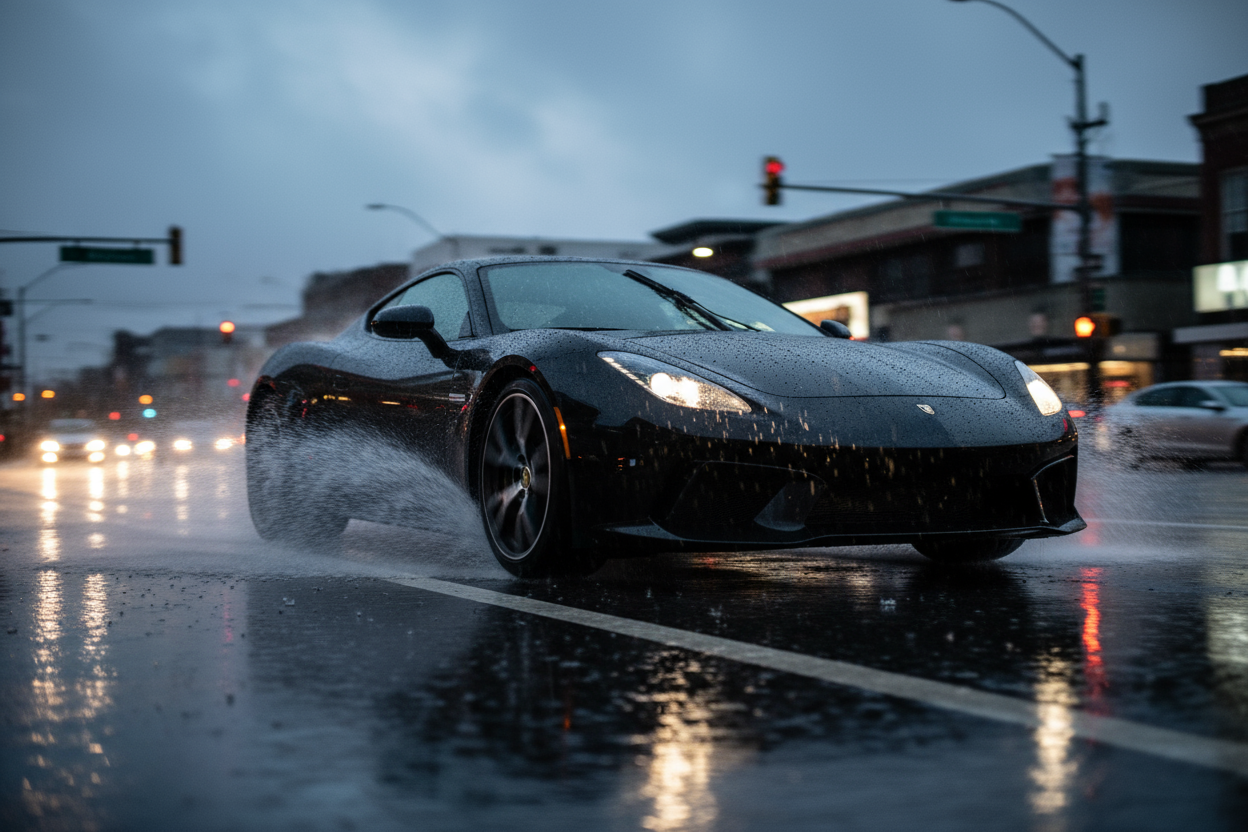 sports car in the rain 